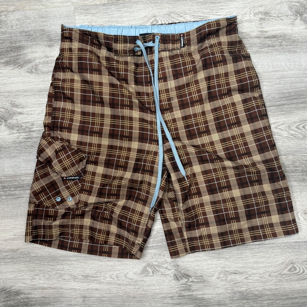 Airwalk Plaid Swim Trunks Shorts Mens Brown Tan Drawstring Cargo‎ Pocket